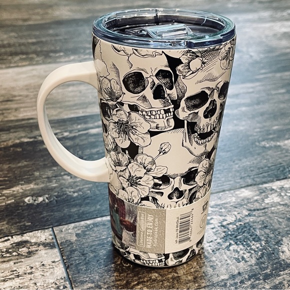 Hydrapeak Skull Floral Black White 18 oz Coffee Mug Tumbler Halloween NEW - Picture 2 of 13